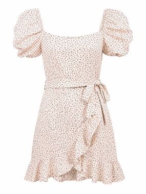 Floral Puff-Sleeve Ruffle Wrap Dress - Pink Floral